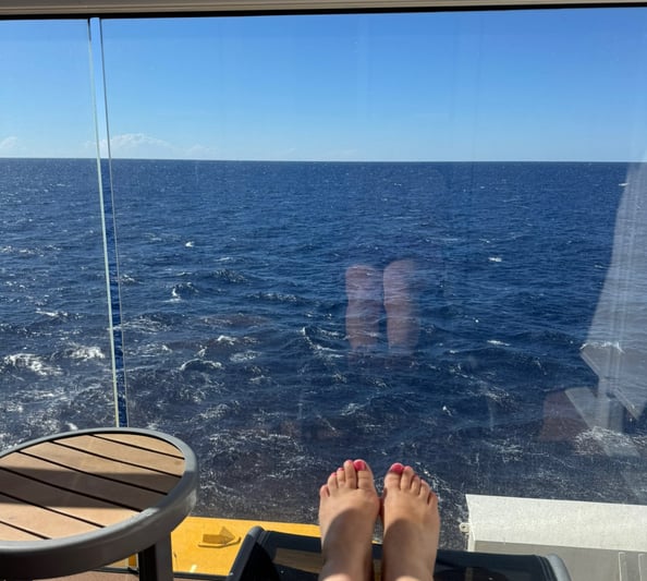 relaxing on the balcony cruising from Brisbane to Sydney