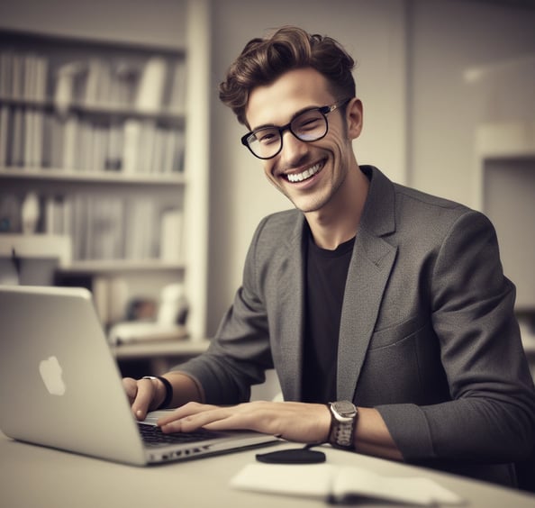 A person is typing on a MacBook Pro, viewing a website titled 'Personalize your portfolio.' The webpage displays three sections related to investing, each with different images and text. The laptop is on a grey table with a dark sofa and indoor plants in the background.