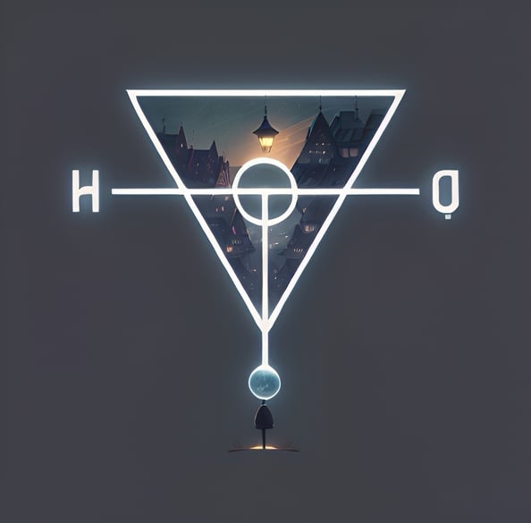 a man standing in front of a triangle symbol with houses inside
