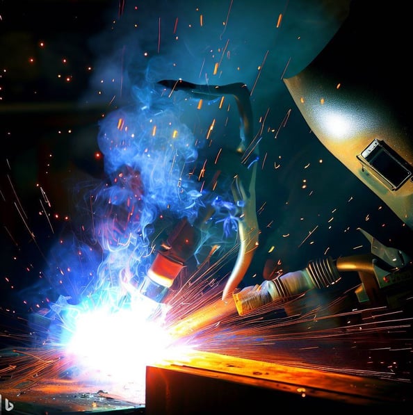 a person welding a piece of metal with a welding headlight