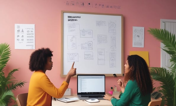 Two women are standing in a brightly colored office room with an orange wall. They are discussing or arranging colored sticky notes on a whiteboard. There is a table in the foreground with a laptop, a coffee mug, a mouse, and more sticky notes. A plant is placed near the wall.