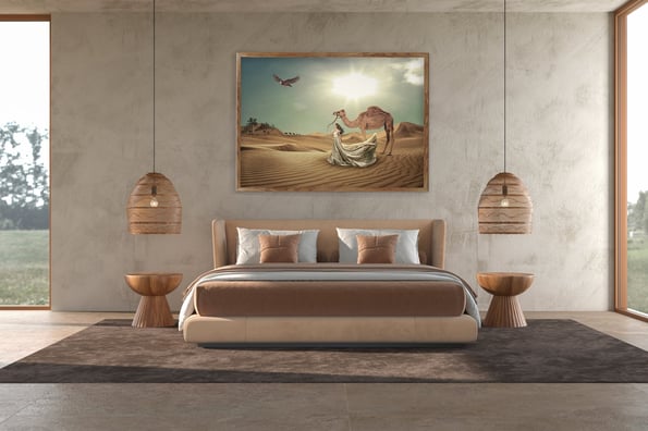 a bedroom with a bed and a large wall art by Rana Damien on the wall