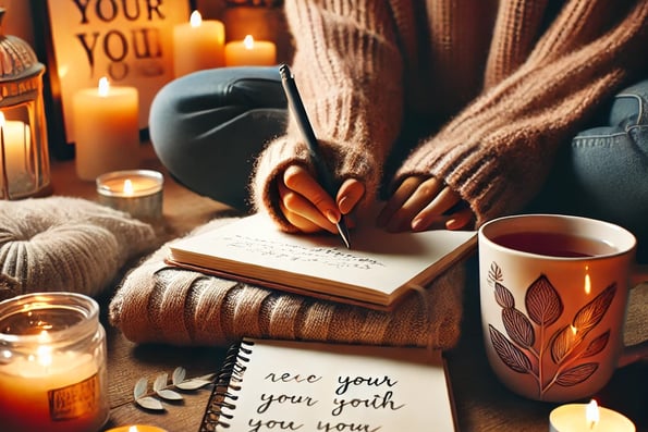 A cozy self-care setting with a person journaling beside a warm cup of tea, accompanied by candles a