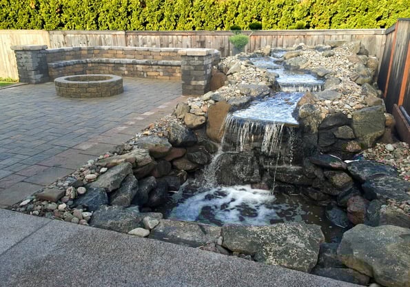 Beautiful custom designed backyard with stone waterfall and water feature, paver patio with a fire pit in the background.