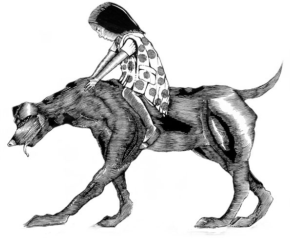 image representing a girl on top of a dog drawn in a traditional way.