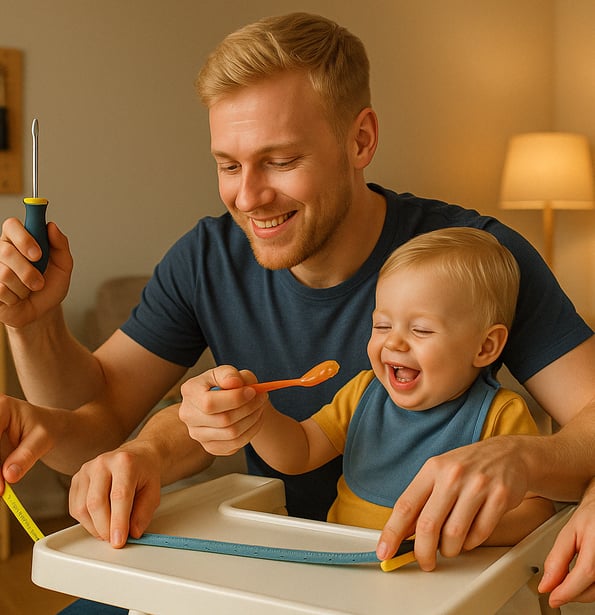 a man with multilple hands holding a baby's spoon and a baby