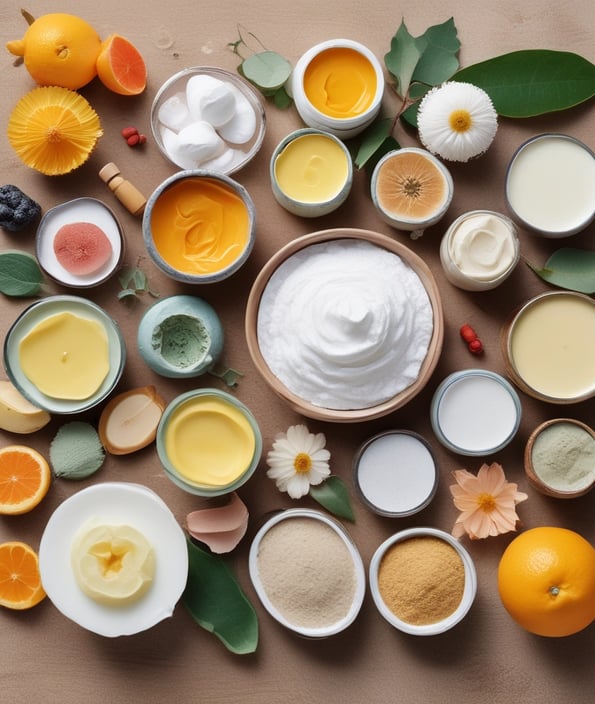 A collection of cosmetic and skincare products laid out on a white surface. These include facial masks, creams, and serums from various brands. The items are casually arranged, with some still in their packaging. The scene includes both rectangular and cylindrical packages with colorful labels.