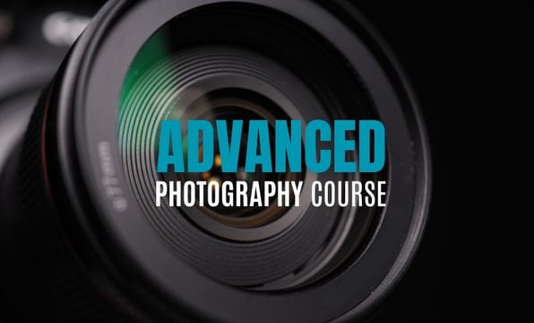 Close-up of a camera lens with text “Advanced Photography Course” overlayed.