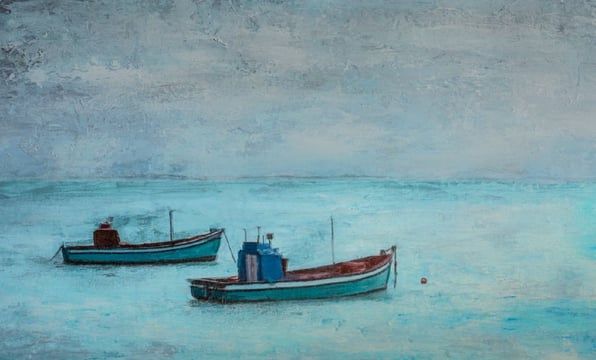 Mixed-media artwork of two fishing boats on textured blue water, created during the Napier art photography retreat.