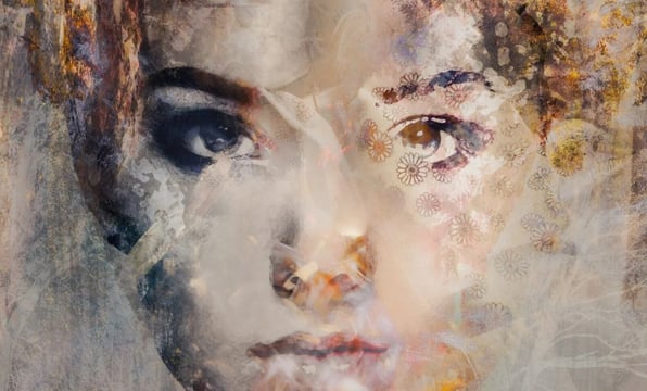 Abstract portrait of a woman layered with textures and patterns, representing fine art photography techniques.