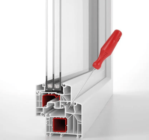 a window with a red handle and a red handle