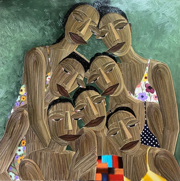 Together as one, Broomsticks and acrylic on canvas, 2024, 110x110cm (Edward Afadzi)