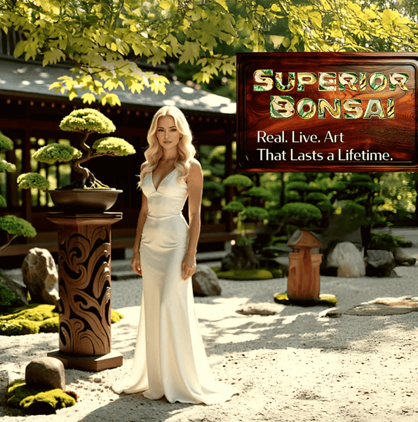 Superior Bonsai Tree branding image of fine bonsai garden with classy lady enjoying the Bonsai trees