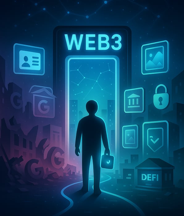 A futuristic digital illustration of a user standing before a glowing "WEB3" gateway, symbolizing th