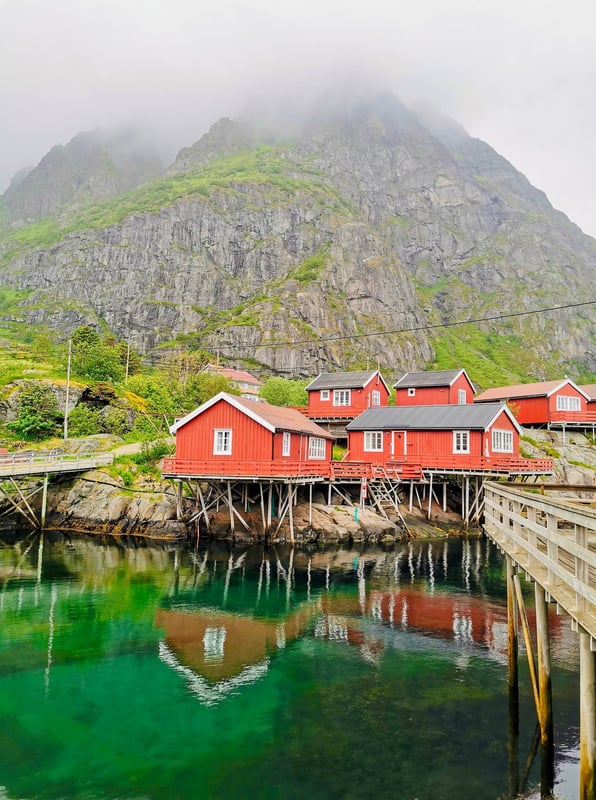 Historic Å fishing village with red cabins and docks near Maritime Munchies in Lofoten Islands