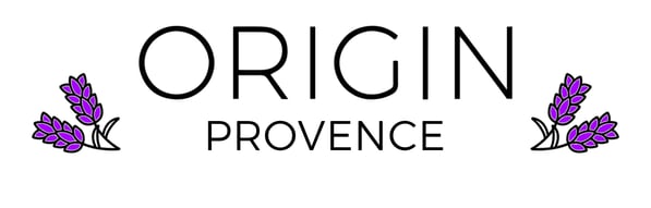 Logo Origin Provence avec comme symbole deux brins de lavande, marque de bougie artisanale.