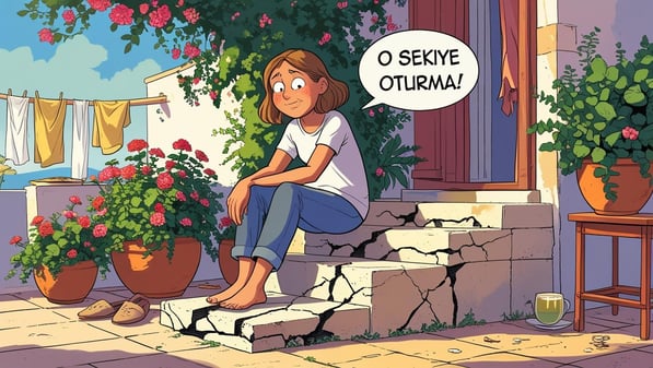 Comic character warned not to sit on the step – Cypriot Turkish phrase “Seki”