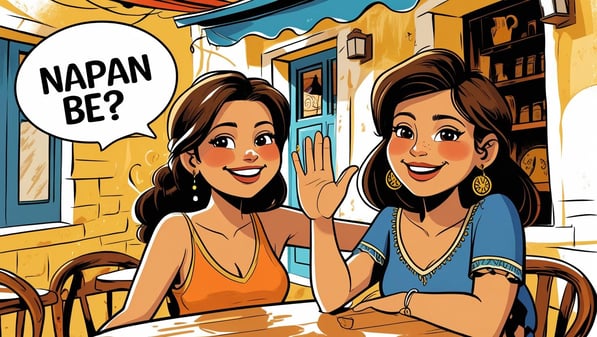Two friends using Cypriot Turkish greeting “Napan be” at a local café