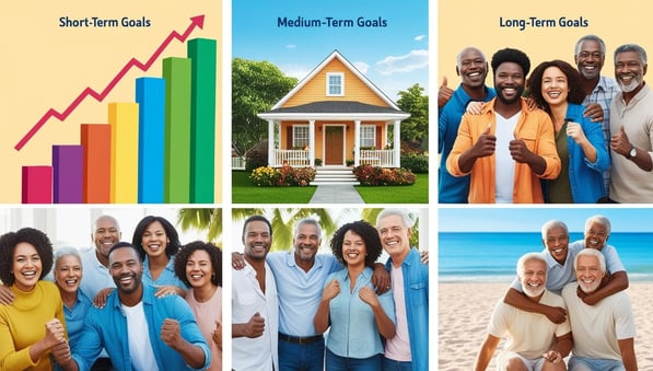 a collage of a group of people in front of a house