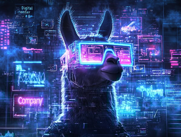 a llama wearing a Digital frontier Marketing hat and glasses
