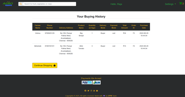 Agro Connect Farmers Ecommerce Portal - Buyers Buying History