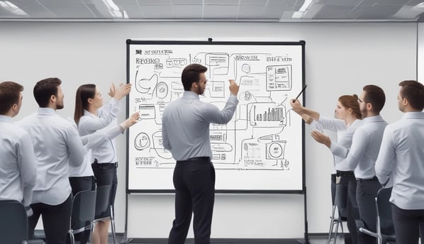 A person is presenting in front of a whiteboard filled with detailed marketing diagrams and notes. Several people are seated, paying attention to the presentation. The setting appears to be a professional workshop or meeting room with natural light coming through large windows.