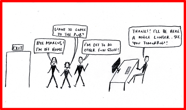 Cartoon showing Marcus still working while others leave office