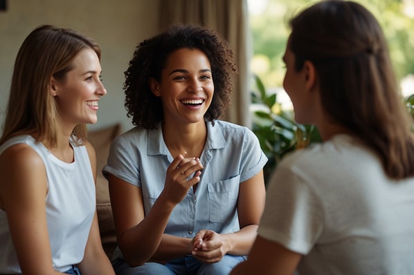 3 femmes souriantes qui parlent entre elles