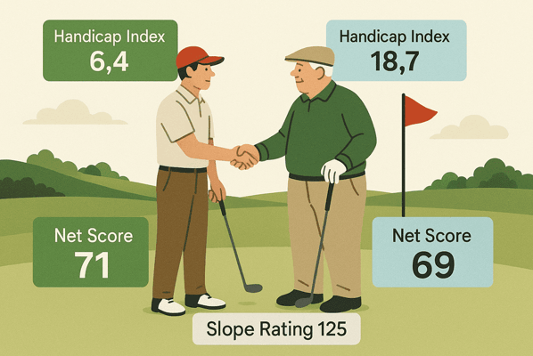 Golfers handshake on green with Handicap, Net Scores, Slope data.
