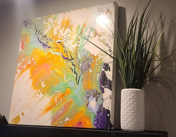 Citrus Vibe is a 4-foot by 4-foot mixed media painting