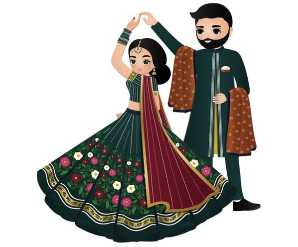 a couple in traditional wedding attire dancing