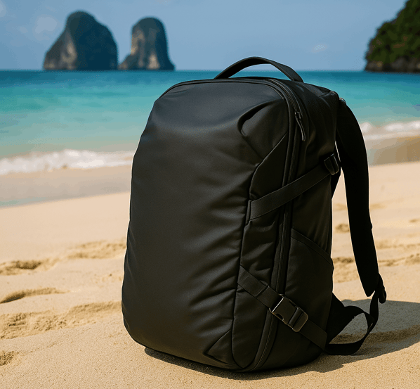 A Peak Design Travel Backpack resting in the sand on a Thai Beach with the ocean in the background