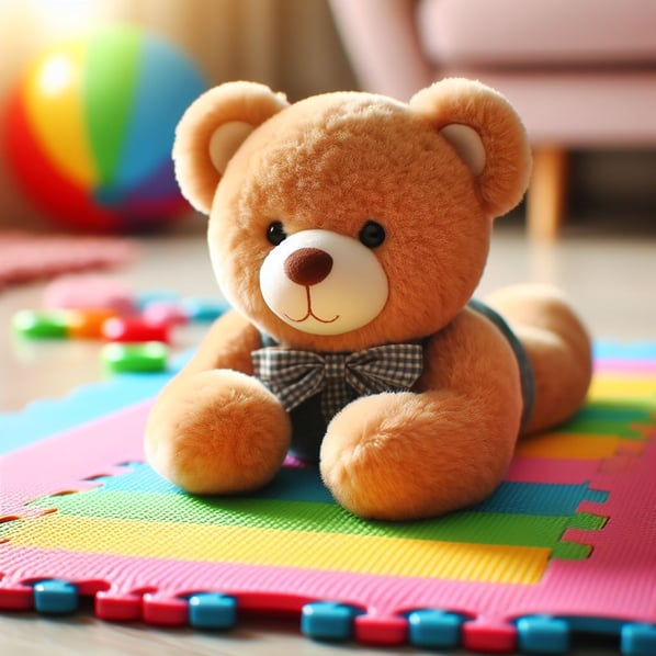 A teddy bear practicing some tummy time