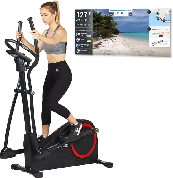 a woman in a sports brailler and a video game