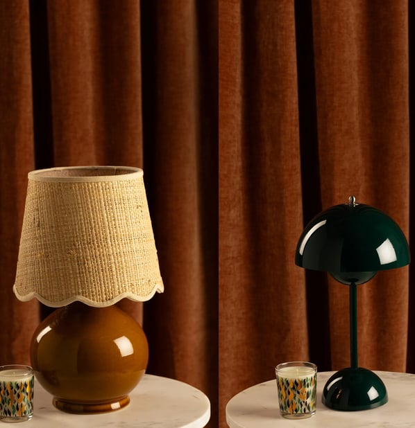 brown and green table lamp one lamp has a linen shade and the other lamp is green