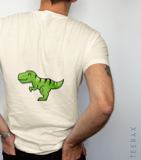 a man with a dinosaur on his back, wearing a white t - shirt