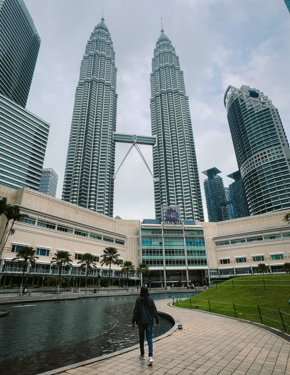 At KLCC Park looking at the Petronas Towers in Kuala Lumpur