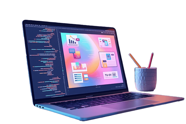 a laptop computer with a laptop and a cup of coffee