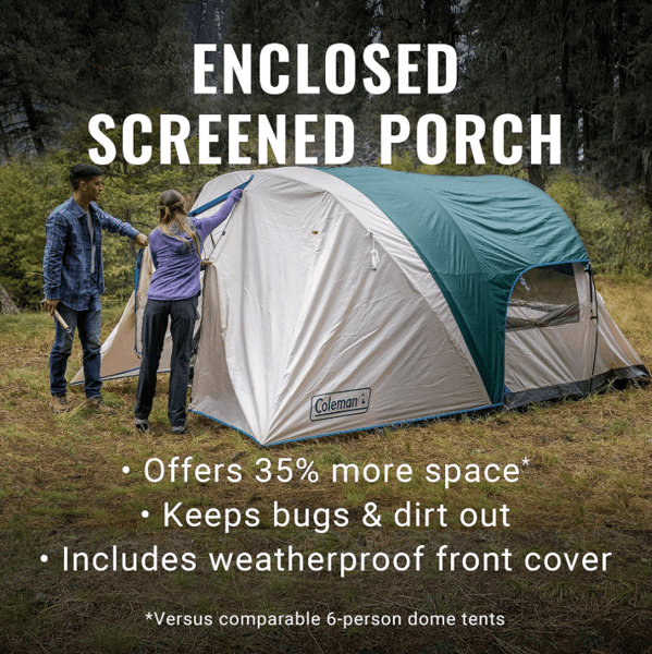 Family setting up Coleman instant cabin camping tent, easy set up family camping tent