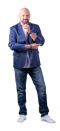 a bald bald man in a blue suit and white sneakers