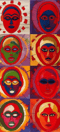 a group of six different colored masks of different colors