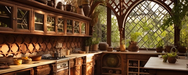 a kitchen with a brick wall and a brick wall