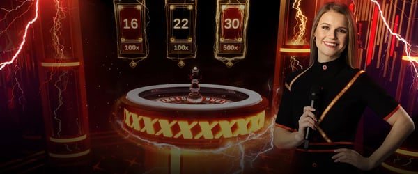 a woman in a black dress standing in front of a casino roule