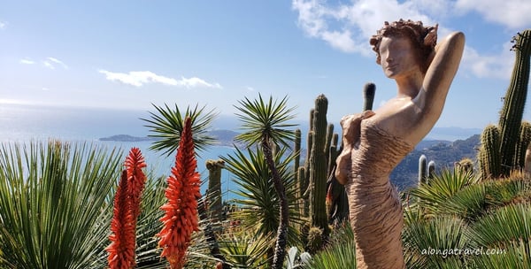 female figurine by by Jean-Phillipe Richard of clay or bronze in the Jardine Exotique d'Eze. 