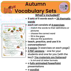 ESL, Autumn/Fall vocabulary, Thanksgiving and Halloween vocabulary, worksheets, vocabulary tasks