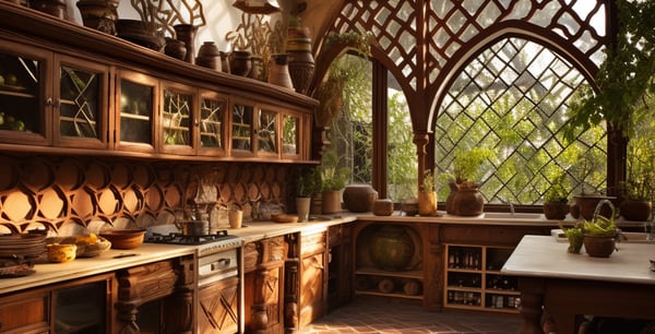 a kitchen with a brick wall and a brick wall
