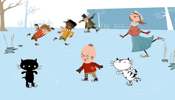 a cartoonish illustration of a child and pim and pom