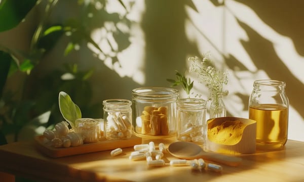 a table with a variety of bottles of medicine