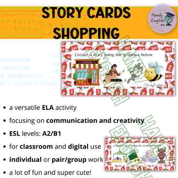SHOPPING ELA ESL Creative Task Cards for speaking writing, and vocabulary