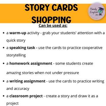 SHOPPING ELA ESL Creative Task Cards for speaking writing, and vocabulary